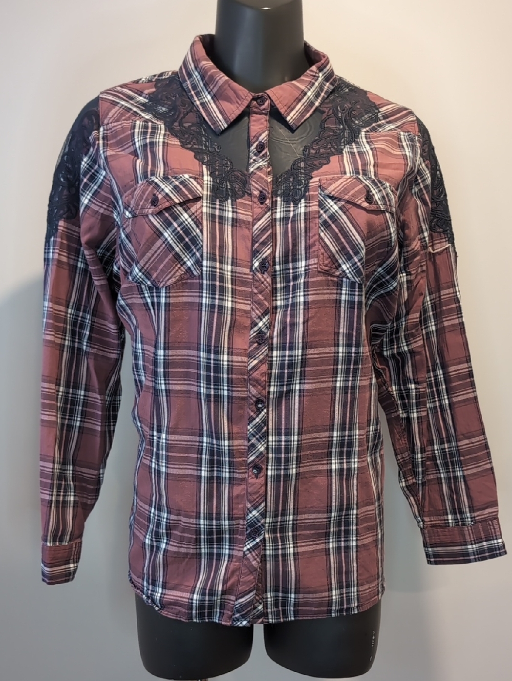 Penningtons Pink Plaid Button-Up Western Shirt with Lace Yoke